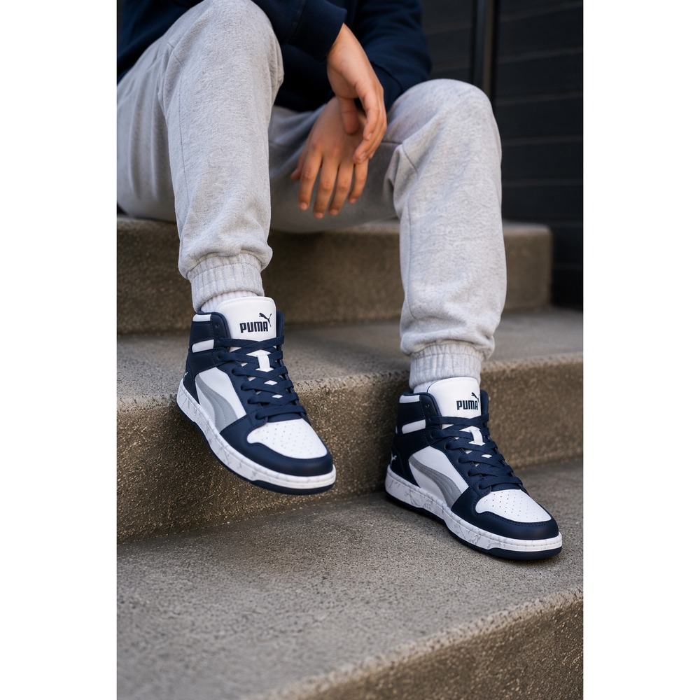 Puma Rebound Joy Kids High Top Sneakers Navy White Grey Size 4.5C